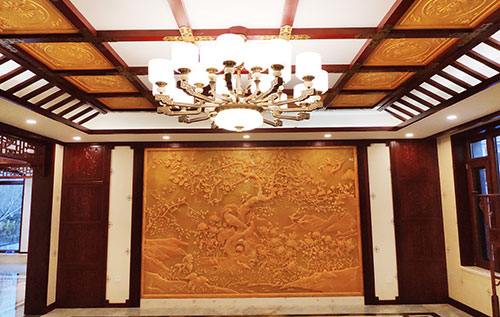 遂川中式别墅客厅中式木作横梁吊顶装饰展示